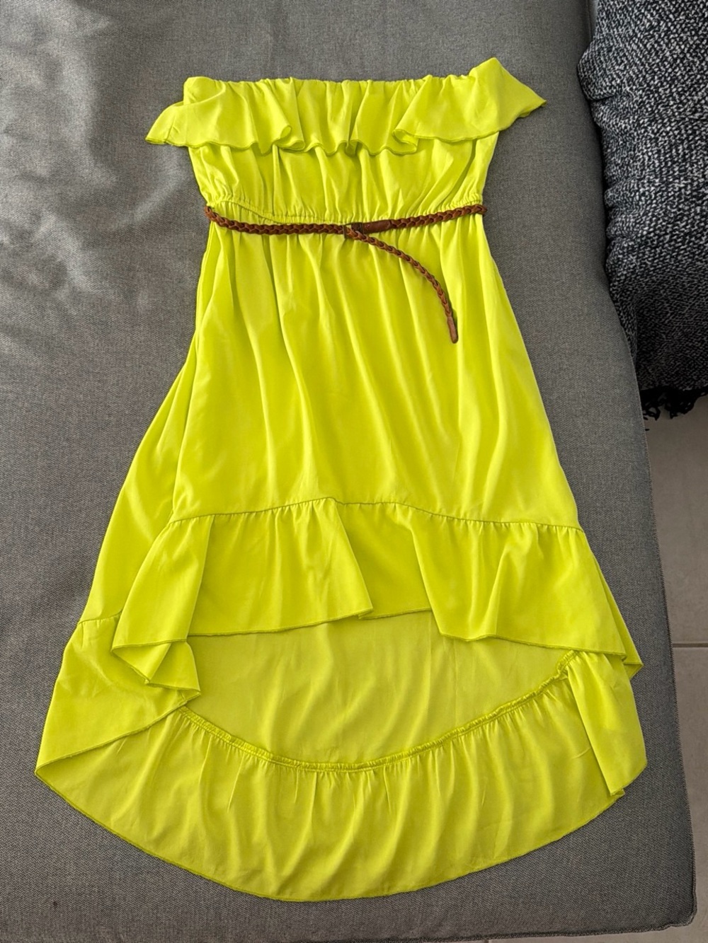 Chiffon Neon green Ruffle Strapless high low Dress with Braided suede Belt